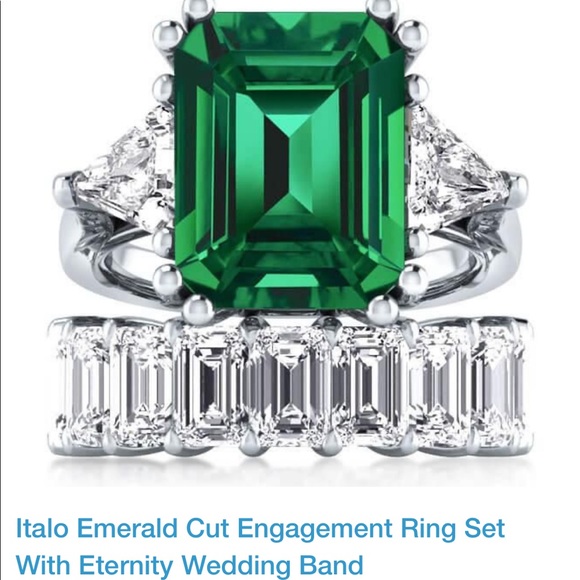 Emerald Cut Ring Set With Eternity Band in Sterling Silver - Picture 7 of 12